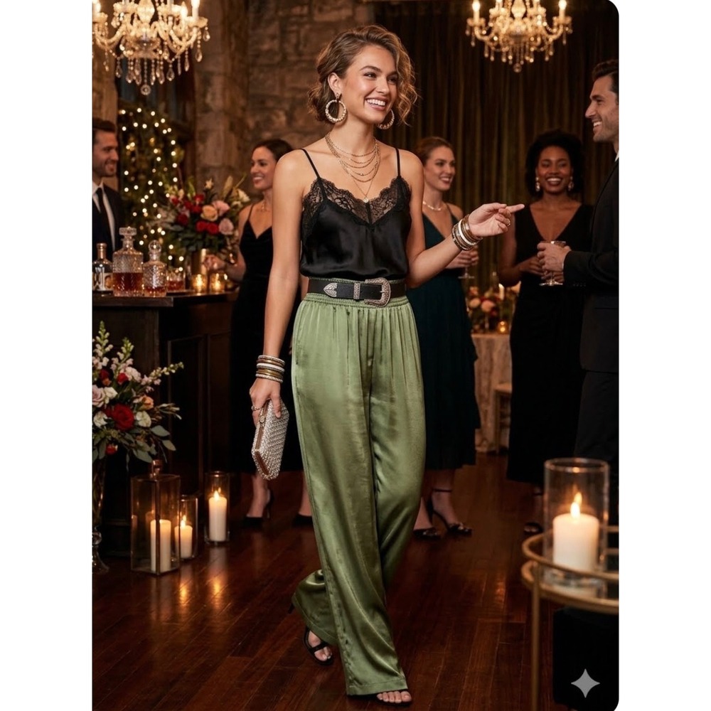 Zara Wide Leg Satin Pants Womens XXL Olive Green Flowy Evening Glamour Boho Chic